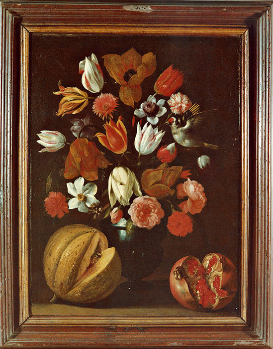 Anonimo — Autore non indicato - sec. XVII - Natura morta con vaso di fiori, melone, melagrana e uccello — insieme